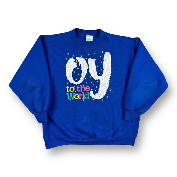 Vtg Oy To The World Sz Large Peacock Papers Pullover Unisex Holiday Sweatshirt - Picture 1 of 9